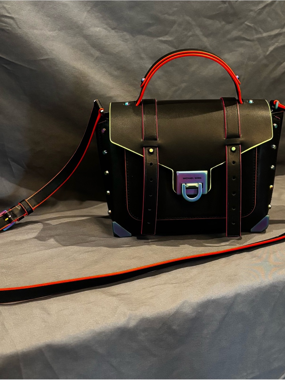 Michael Kors Black Satchel with Neon Trim and Multicolor Hardware